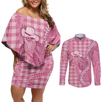 Pink Hawaii Palaka Cowboy Turtle Couples Matching Off Shoulder Short Dress and Long Sleeve Button Shirt Hawaiian Paniolo Puakenikeni Maile Lei DT05 Pink - Polynesian Pride