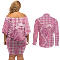 Pink Hawaii Palaka Cowboy Turtle Couples Matching Off Shoulder Short Dress and Long Sleeve Button Shirt Hawaiian Paniolo Puakenikeni Maile Lei DT05 - Polynesian Pride