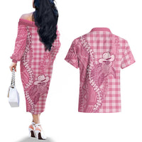 Pink Hawaii Palaka Cowboy Turtle Couples Matching Off The Shoulder Long Sleeve Dress and Hawaiian Shirt Hawaiian Paniolo Puakenikeni Maile Lei DT05 - Polynesian Pride