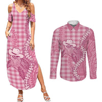 Pink Hawaii Palaka Cowboy Turtle Couples Matching Summer Maxi Dress and Long Sleeve Button Shirt Hawaiian Paniolo Puakenikeni Maile Lei DT05 Pink - Polynesian Pride