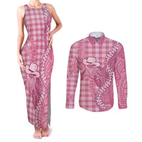 Pink Hawaii Palaka Cowboy Turtle Couples Matching Tank Maxi Dress and Long Sleeve Button Shirt Hawaiian Paniolo Puakenikeni Maile Lei DT05 Pink - Polynesian Pride
