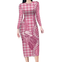 Pink Hawaii Palaka Cowboy Turtle Family Matching Long Sleeve Bodycon Dress and Hawaiian Shirt Hawaiian Paniolo Puakenikeni Maile Lei DT05 Mom's Dress Pink - Polynesian Pride