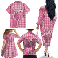Pink Hawaii Palaka Cowboy Turtle Family Matching Off The Shoulder Long Sleeve Dress and Hawaiian Shirt Hawaiian Paniolo Puakenikeni Maile Lei DT05 - Polynesian Pride