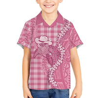 Pink Hawaii Palaka Cowboy Turtle Family Matching Off The Shoulder Long Sleeve Dress and Hawaiian Shirt Hawaiian Paniolo Puakenikeni Maile Lei DT05 Son's Shirt Pink - Polynesian Pride