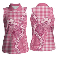 Pink Hawaii Palaka Cowboy Turtle Women Sleeveless Polo Shirt Hawaiian Paniolo Puakenikeni Maile Lei DT05 - Polynesian Pride