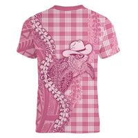 Pink Hawaii Palaka Cowboy Turtle Women V-Neck T-Shirt Hawaiian Paniolo Puakenikeni Maile Lei DT05 - Polynesian Pride
