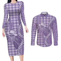 Purple Hawaii Palaka Cowboy Turtle Couples Matching Long Sleeve Bodycon Dress and Long Sleeve Button Shirt Hawaiian Paniolo Puakenikeni Maile Lei DT05 Purple - Polynesian Pride