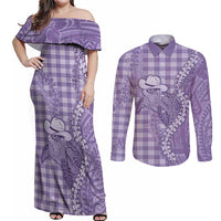 Purple Hawaii Palaka Cowboy Turtle Couples Matching Off Shoulder Maxi Dress and Long Sleeve Button Shirt Hawaiian Paniolo Puakenikeni Maile Lei DT05 Purple - Polynesian Pride
