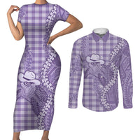 Purple Hawaii Palaka Cowboy Turtle Couples Matching Short Sleeve Bodycon Dress and Long Sleeve Button Shirt Hawaiian Paniolo Puakenikeni Maile Lei DT05 Purple - Polynesian Pride
