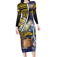Personalised Tokelau Family Matching Long Sleeve Bodycon Dress and Hawaiian Shirt National Badge Waves Style DT05 Mom's Dress Yellow - Polynesian Pride