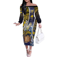 Personalised Tokelau Family Matching Off The Shoulder Long Sleeve Dress and Hawaiian Shirt National Badge Waves Style DT05 Mom's Dress Yellow - Polynesian Pride