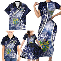 Personalised Pitcairn Islands Family Matching Short Sleeve Bodycon Dress and Hawaiian Shirt Coat Of Arms Waves Style DT05 - Polynesian Pride