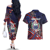 Personalised Samoa Wrestling Couples Matching Off The Shoulder Long Sleeve Dress and Hawaiian Shirt Polynesian Warrior Funny Style - Polynesian Pride