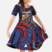 Personalised Samoa Wrestling Family Matching Puletasi and Hawaiian Shirt Polynesian Warrior Funny Style DT05 Daughter's Dress Navy - Polynesian Pride
