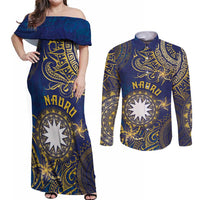 Personalised Nauru Couples Matching Off Shoulder Maxi Dress and Long Sleeve Button Shirt Hibiscus Polynesian Tribal Pattern DT05 Navy - Polynesian Pride