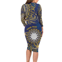 Personalised Nauru Family Matching Long Sleeve Bodycon Dress and Hawaiian Shirt Hibiscus Polynesian Tribal Pattern