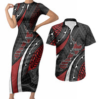 Aotearoa New Zealand Native Birds Map Couples Matching Short Sleeve Bodycon Dress and Hawaiian Shirt Silver Fern Tribal Pattern
