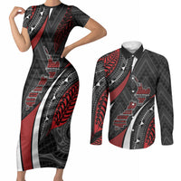 Aotearoa New Zealand Native Birds Map Couples Matching Short Sleeve Bodycon Dress and Long Sleeve Button Shirt Silver Fern Tribal Pattern