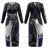 Personalised New Zealand Kiwi Couples Matching Long Sleeve Bodycon Dress and Hawaiian Shirt Silver Fern Tribal Pattern DT05 - Polynesian Pride