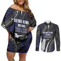 Personalised New Zealand Kiwi Couples Matching Off Shoulder Short Dress and Long Sleeve Button Shirt Silver Fern Tribal Pattern