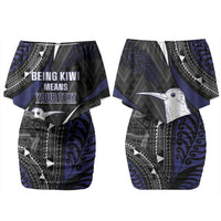 Personalised New Zealand Kiwi Couples Matching Off Shoulder Short Dress and Long Sleeve Button Shirt Silver Fern Tribal Pattern