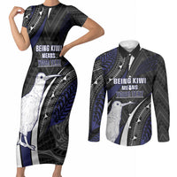 Personalised New Zealand Kiwi Couples Matching Short Sleeve Bodycon Dress and Long Sleeve Button Shirt Silver Fern Tribal Pattern