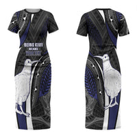 Personalised New Zealand Kiwi Couples Matching Short Sleeve Bodycon Dress and Long Sleeve Button Shirt Silver Fern Tribal Pattern