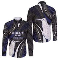 Personalised New Zealand Kiwi Family Matching Tank Maxi Dress and Hawaiian Shirt Silver Fern Tribal Pattern DT05 Dad's Shirt - Long Sleeve Navy - Polynesian Pride