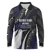 Personalised New Zealand Kiwi Long Sleeve Polo Shirt Silver Fern Tribal Pattern