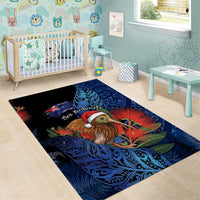 New Zealand Christmas Area Rug Santa Kiwi Bird With Pohutukawa Flowers - Polynesian Pride