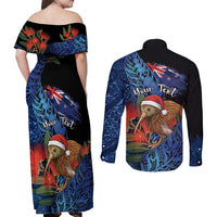 Personalised New Zealand Christmas Couples Matching Off Shoulder Maxi Dress and Long Sleeve Button Shirt Santa Kiwi Bird With Pohutukawa Flowers DT05 - Polynesian Pride