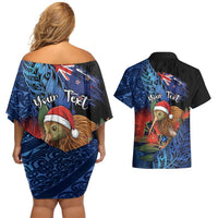 Personalised New Zealand Christmas Couples Matching Off Shoulder Short Dress and Hawaiian Shirt Santa Kiwi Bird With Pohutukawa Flowers DT05 - Polynesian Pride