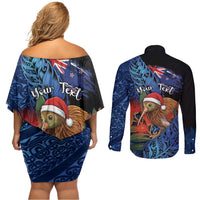 Personalised New Zealand Christmas Couples Matching Off Shoulder Short Dress and Long Sleeve Button Shirt Santa Kiwi Bird With Pohutukawa Flowers DT05 - Polynesian Pride
