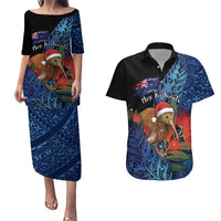 Personalised New Zealand Christmas Couples Matching Puletasi and Hawaiian Shirt Santa Kiwi Bird With Pohutukawa Flowers DT05 Navy - Polynesian Pride