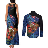 Personalised New Zealand Christmas Couples Matching Tank Maxi Dress and Long Sleeve Button Shirt Santa Kiwi Bird With Pohutukawa Flowers DT05 - Polynesian Pride