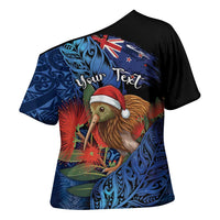 Personalised New Zealand Christmas Cross Shoulder Shirt Santa Kiwi Bird With Pohutukawa Flowers DT05 - Polynesian Pride