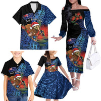 Personalised New Zealand Christmas Family Matching Off The Shoulder Long Sleeve Dress and Hawaiian Shirt Santa Kiwi Bird With Pohutukawa Flowers DT05 - Polynesian Pride