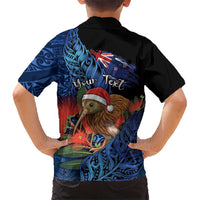Personalised New Zealand Christmas Family Matching Off Shoulder Short Dress and Hawaiian Shirt Santa Kiwi Bird With Pohutukawa Flowers DT05 - Polynesian Pride