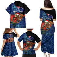 Personalised New Zealand Christmas Family Matching Puletasi and Hawaiian Shirt Santa Kiwi Bird With Pohutukawa Flowers DT05 - Polynesian Pride