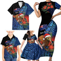 Personalised New Zealand Christmas Family Matching Short Sleeve Bodycon Dress and Hawaiian Shirt Santa Kiwi Bird With Pohutukawa Flowers DT05 - Polynesian Pride