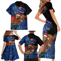 Personalised New Zealand Christmas Family Matching Short Sleeve Bodycon Dress and Hawaiian Shirt Santa Kiwi Bird With Pohutukawa Flowers DT05 - Polynesian Pride