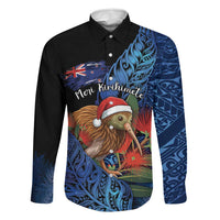 Personalised New Zealand Christmas Family Matching Summer Maxi Dress and Hawaiian Shirt Santa Kiwi Bird With Pohutukawa Flowers DT05 Dad's Shirt - Long Sleeve Navy - Polynesian Pride