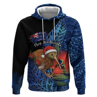 Personalised New Zealand Christmas Hoodie Santa Kiwi Bird With Pohutukawa Flowers DT05 Pullover Hoodie Navy - Polynesian Pride