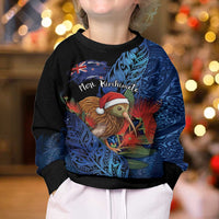 Personalised New Zealand Christmas Kid Ugly Christmas Sweater Santa Kiwi Bird With Pohutukawa Flowers DT05 - Polynesian Pride