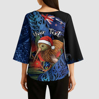 Personalised New Zealand Christmas Kimono Sleeve Blouse Santa Kiwi Bird With Pohutukawa Flowers DT05 - Polynesian Pride
