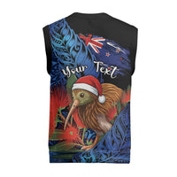 Personalised New Zealand Christmas Knitted V-Neck Vest Santa Kiwi Bird With Pohutukawa Flowers DT05 - Polynesian Pride