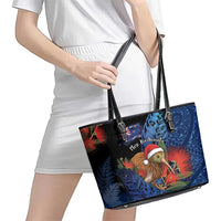 New Zealand Christmas Leather Tote Bag Santa Kiwi Bird With Pohutukawa Flowers DT05 - Polynesian Pride