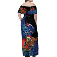 Personalised New Zealand Christmas Off Shoulder Maxi Dress Santa Kiwi Bird With Pohutukawa Flowers DT05 - Polynesian Pride