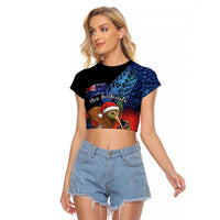 Personalised New Zealand Christmas Raglan Cropped T Shirt Santa Kiwi Bird With Pohutukawa Flowers DT05 Female Navy - Polynesian Pride