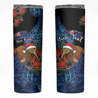 Personalised New Zealand Christmas Skinny Tumbler Santa Kiwi Bird With Pohutukawa Flowers DT05 Navy - Polynesian Pride